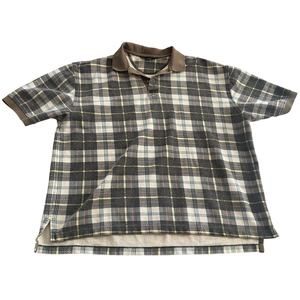Lands' End plaid men’s brown regular XL casual golf shirt polo 100% cotton 46-48